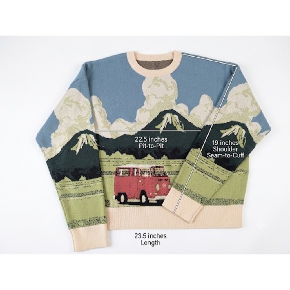 Cider Landscape Van Mountain Intarsia Knit Sweater Blue Green Crewneck Pullover - Picture 2 of 7